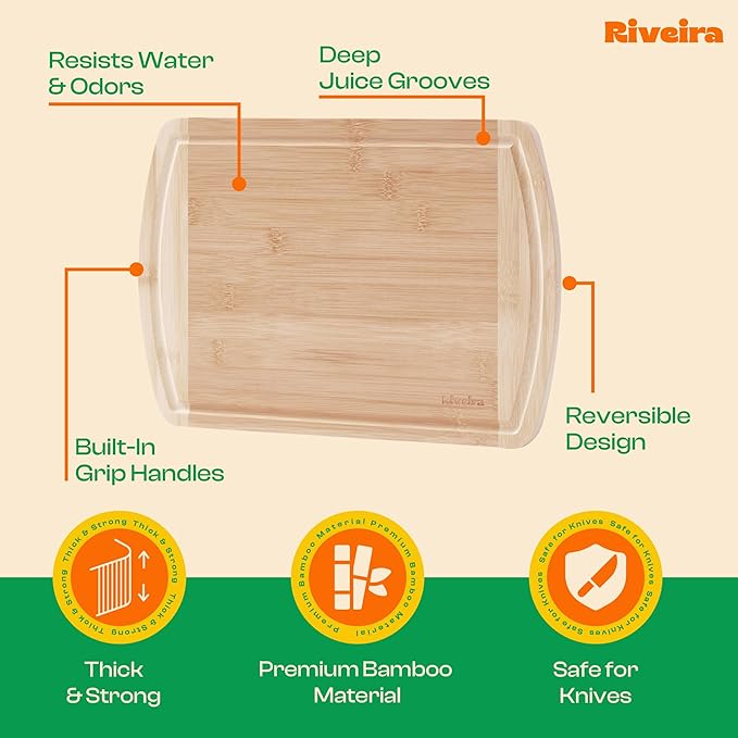 Riveira Two Tone Bamboo Wood Cutting Board – Versatile And Durable: Set Of 3 Pcs Rectangular Wooden Cutting Board – Natural Wooden Cutting Boards For Kitchen – Complete Bamboo Wooden Chopping Board