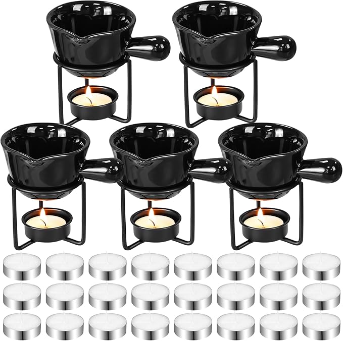 Yungyan 35 Pcs Ceramic Butter Warmers 5 Butter Warmers for Seafood with 25 Tealight Candles 5 Stand 2 oz Mini Simmer Pot Set for Sauce Chocolate Cheese Fondue Lobster Dishwasher Microwave Oven Safe