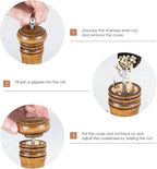 Wooden Salt and Pepper Grinder Set, 8 inch Rubber Wood Salt and Pepper Mills Set of 2 with Acrylic Visible Window & Adjustable Ceramic Rotor