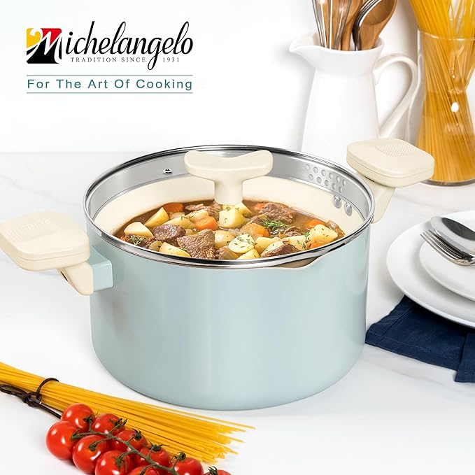 MICHELANGELO Pasta Pot with Strainer Lid - 6 Quart Cooking Pot with Lid, Non Stick Spaghetti Pot Ceramic Coated with Twist and Lock Handles for Easy Draining, Induction Compatible, Soft Aqua