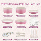 20pcs Ceramic Cookware Set Nonstick, Detachable Handle Pots and Pans Set, Non Toxic,No PFAS & PTFE & PFOA, Dishwasher/Oven Safe, RV Kitchen Set Removable Handle for Cooking, Pink