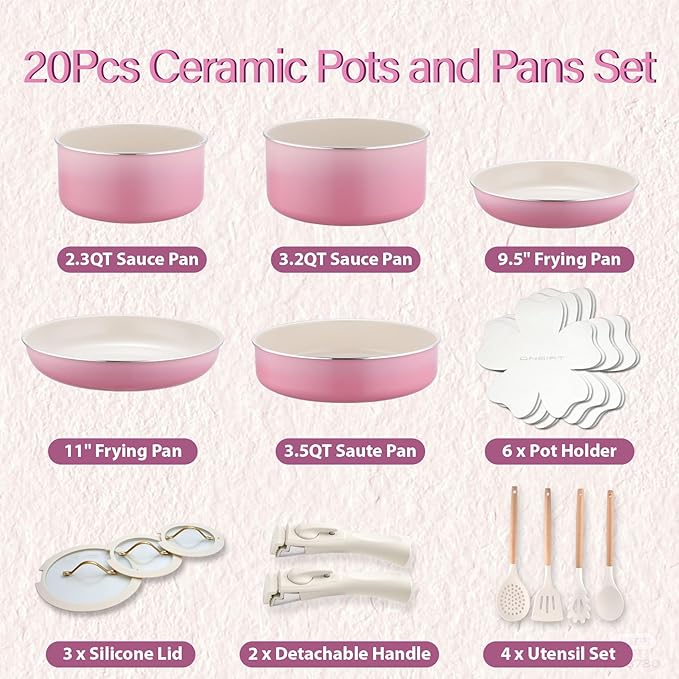 20pcs Ceramic Cookware Set Nonstick, Detachable Handle Pots and Pans Set, Non Toxic,No PFAS & PTFE & PFOA, Dishwasher/Oven Safe, RV Kitchen Set Removable Handle for Cooking, Pink