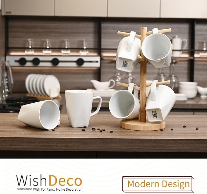 White Coffee Mugs Set of 6, Ceramic Coffee Cups 14 oz, Modern Tea Mugs, Porcelain Tea Cups, Large Mug for Latte, Cappuccino, Milk, Juice, Cocoa, Square Bottom, Microwave and Dishwasher Safe