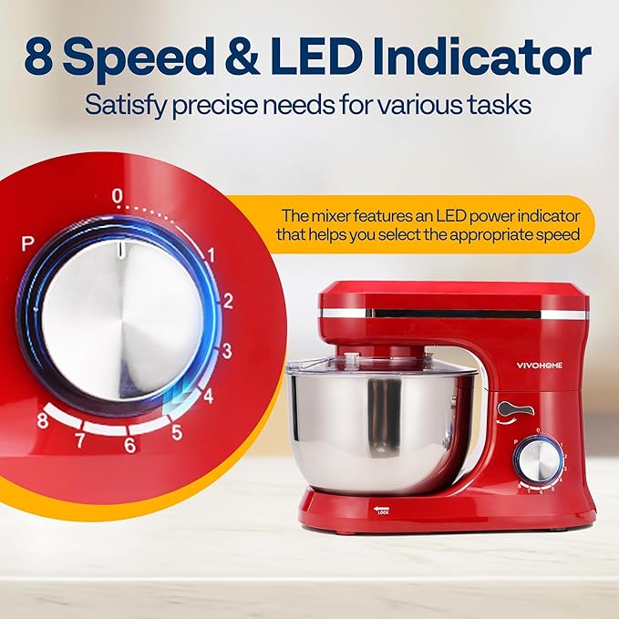 VIVOHOME 4.75 Quart Stand Mixer, 8 Speed Kitchen Electric Food Mixer, Household Stand Mixer for Baking, Cake, Bread with Beater, Dough Hook, Wire Whip and Egg Separator, Red