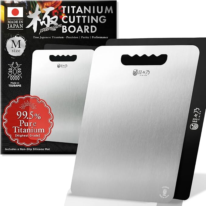 Titanium Cutting Board | 99.5% Pure Japanese Titanium | Non-Toxic | Lightweight & Dishwasher Safe | M Size | Made in Japan | With Non-Slip Mat | For Kitchen & Camping Use