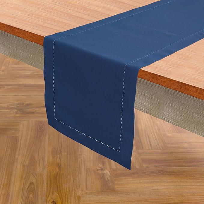 Solino Home Cotton Linen Table Runner 60 Inches - Lapis Blue Hemstitch Table Runner 14 x 60 Inch Ideal for Dresser and Coffee Tables - Summer, Fall, Autumn, Halloween