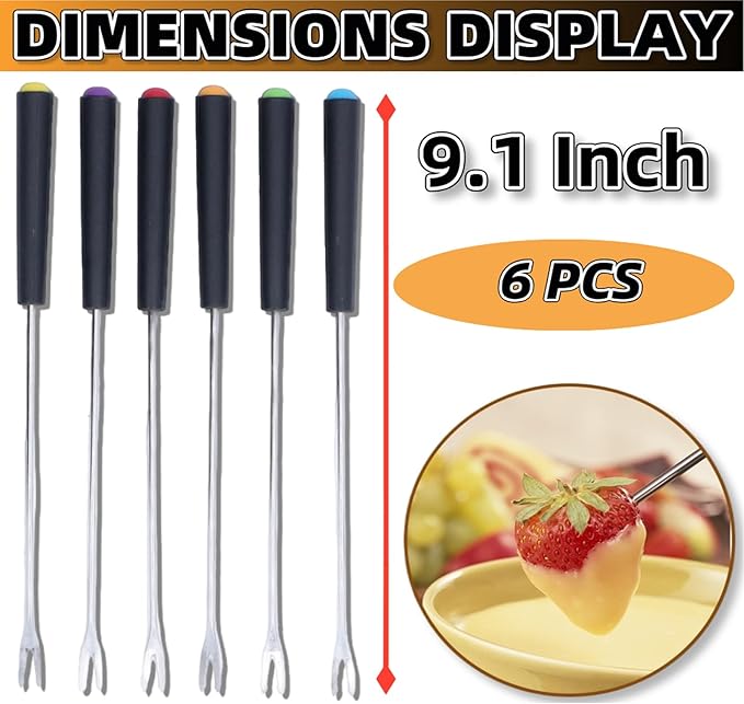 6Pcs Stainless Steel Fondue Forks 9.1" Fondue Sticks Fondue Cheese with Heat Resistant Handle Color Fondue Set for Grill Cake Chocolate Meat Fruits Cheese Fondue Fountain Roast Marshmallows Dessert