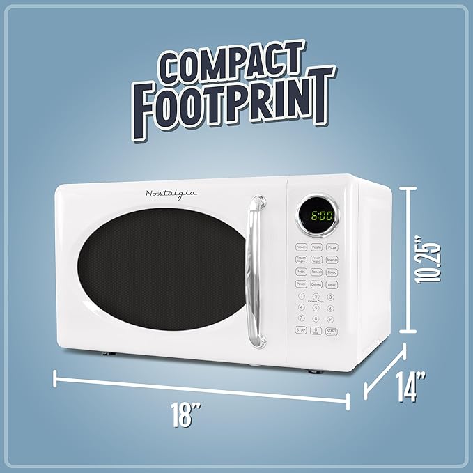 Nostalgia Retro Microwave Oven 0.7 Cu Ft, 700-Watt Countertop Size with Glass Turntable, Child Safety Lock, 8 Auto-Cook Programs, Digital Clock, White