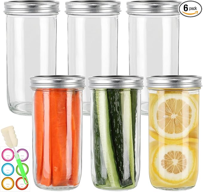 24 oz Wide Mouth Mason Jars 6pack, Glass Tall Mason Jars 24 oz with Airtight lids and Bands for Canning, Preserving, Fermenting, Pickling, DIY Projects (24 fl. oz, Set of 6)