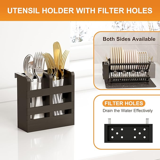 Greenual Black Bamboo Dish Drying Rack with Utensil Holder, 2 Tier Collapsible Dish Rack, Wooden Dish Racks for Kitchen Counter, Folding Drying Holder with Absorbent Dish Drying Mat