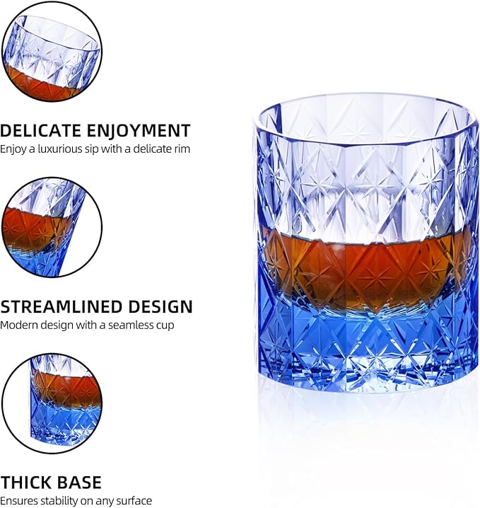 KAMMAK Crystal Whiskey Glass Set of 2, 7.78 oz (230 ml) Handmade Old Fashioned Tumbler, Thick Base Colored Glass with Delicate Rim & Seamless Design for Scotch, Bourbon, Cocktails, Blue 12-Facet