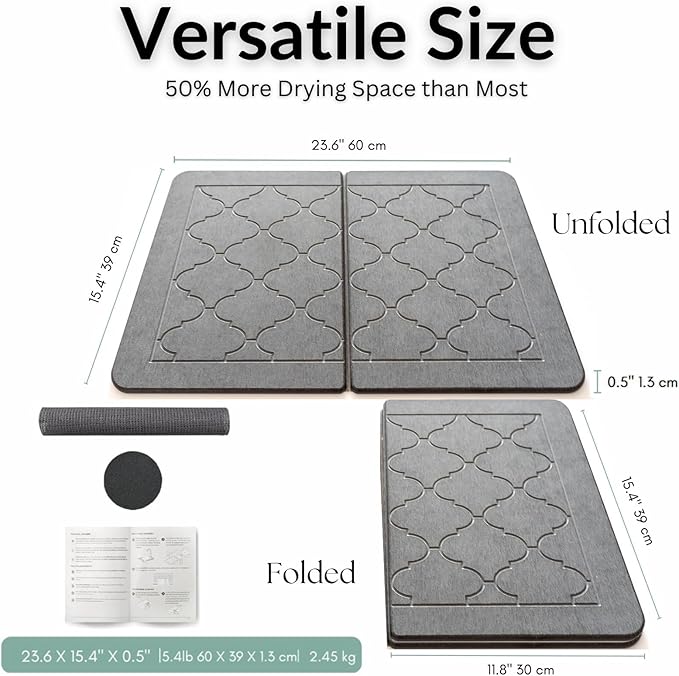 BARTEQ Stone Dish Drying Mat Large - 23.6” X 15.4" Foldable Diatomaceous Stone Drying Mat for Kitchen Counter | Fast Absorbtion | Non-Slip Quick Drying Stone Mat | Moroccan Trellis Grey