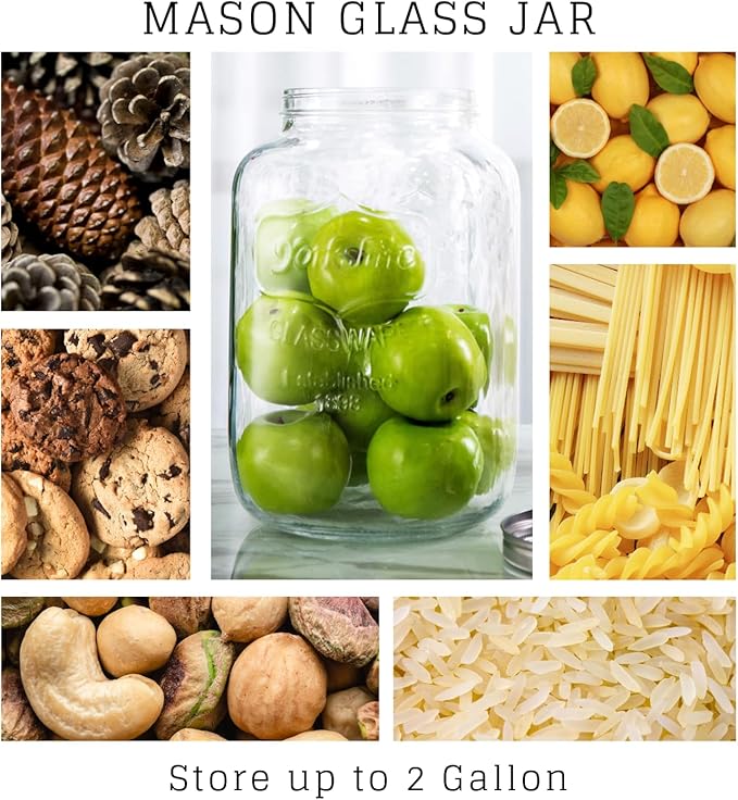 Diamond Star 2 Gallons Mason Jar with Aluminum Lids, Large Glass Wide Mouth Canning Food Storage Containers for Kitchen Canning Cereal, Pasta, Sugar, Beans, Spice, Preserves, Dog Treat
