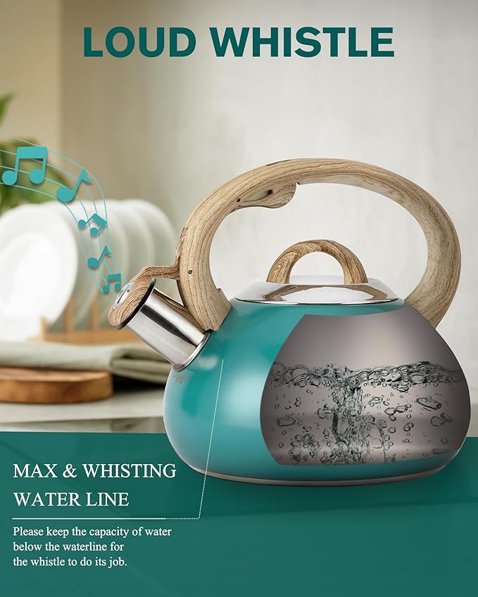 Tea Kettle,Teapots for Stove Top,2.0 Quart with Wood Pattern Handle Loud Whistle Food Grade Stainless Steel Teapot,for Heating Milk, Coffee, Chocolate