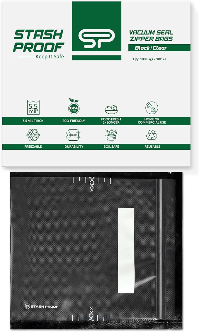 Resealable Zipper Vacuum Seal Bags 7" x 8" (100 Count) 5.5 Mil (Black and Clear) - BPA Free Commerical Grade Food Saver for Storage, Sous Vide, Cookies, Candy, Meal Prep Packaging, Candy, Sealer Bag