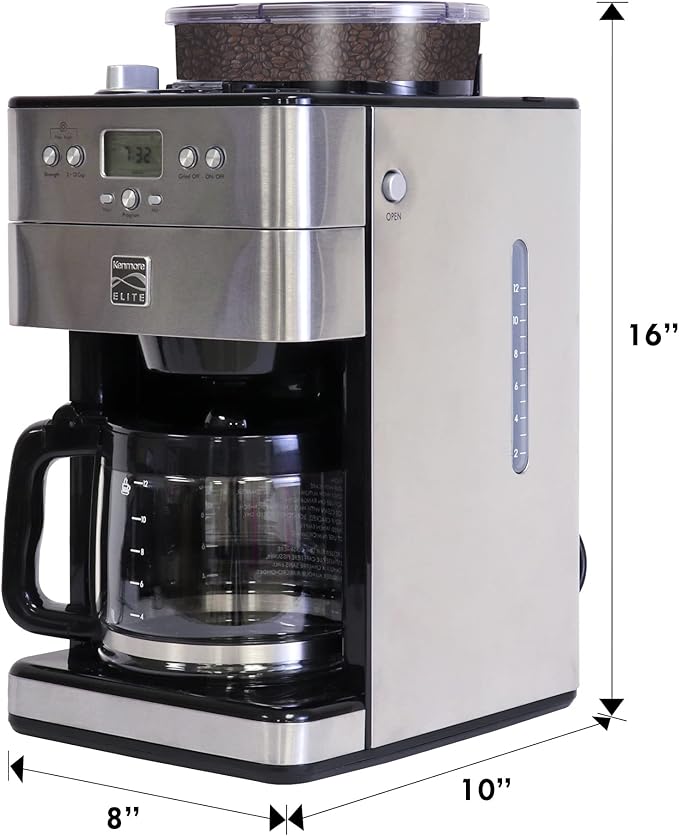 Kenmore Elite Grind And Brew Coffee Maker - Burr Grinding Ground Coffee Bean Hopper With Drip Pot, 12 Cup Programmable Automatic Brew Coffee Machine For Barista Style Cafetera, Use For Kitchen & Café