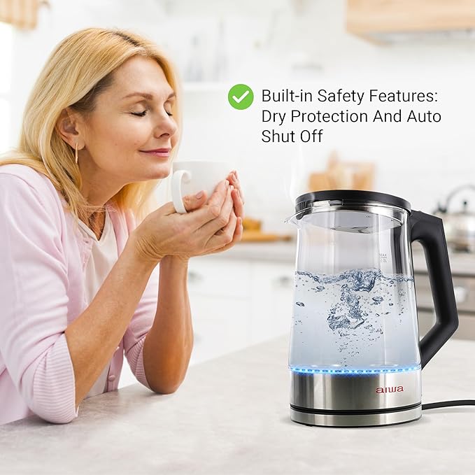 Aiwa 2 Liter Electric Water Kettle, 8.4 Cups Fast Hot Water Boiler, Glass Tea Kettle, with Blue LED Interior, Cordless Serving, Auto-Shutoff & Boil-Dry Protection, Black