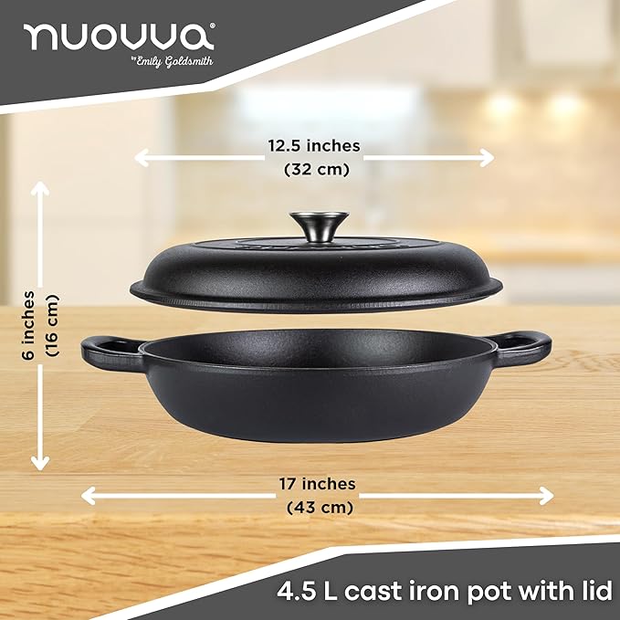 Shallow Cast Iron Casserole with Lid – Non Stick Dutch Oven Pot, Oven Safe up to 500° F – Sturdy Ovenproof Stockpot Cookware – Enamelled Cooking Pot – Black, 5-Quart, 32cm – by Nuovva
