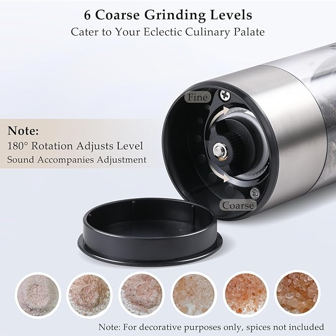 Electric Salt and Pepper Grinder Set, USB Rechargeable, Stainless Steel Automatic Salt and Pepper Mill Grinder with Adjustable Coarseness, Electric Salt Shakers, LED Light, Refillable (2 Packs)