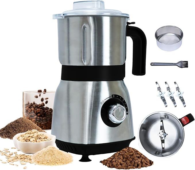 Grain Grinde For Kitchen, Electric Dry Spice Grinders Comes With 3 Removable Stainless Steel Blades, 500w Herb Grinder Suitable For Grinding Spices, Coffee Beans, Grains, Nuts (Black）