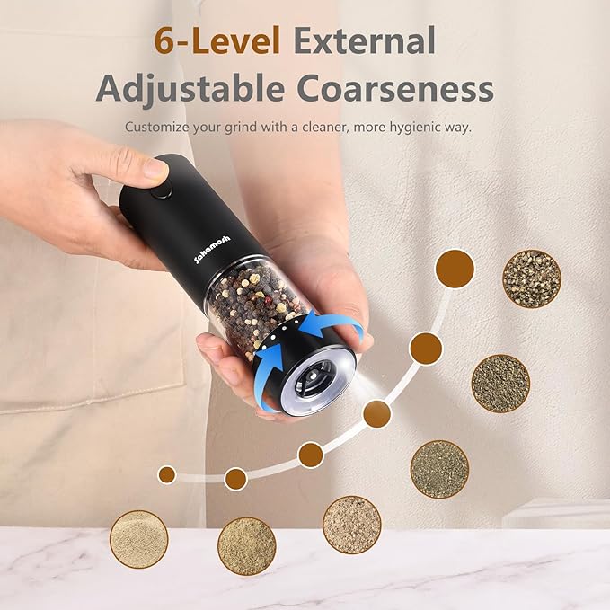 Electric Black Salt and Pepper Set with base, Rechargeable 6 External Adjustable Coarseness Automatic Pepper Mill Shakers, 95ml Large Capacity, One-Handed Operation 2 Pack