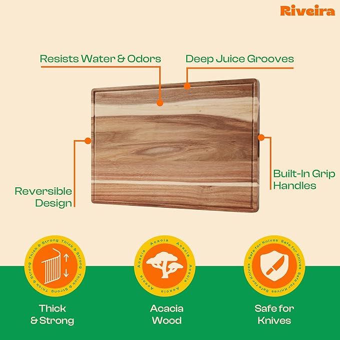 Riveira Acacia Wood Cutting Board – Gourmet Acacia Grandeur: 20 x 30 Wooden Cutting Board – Natural Wooden Cutting Boards For Kitchen Decorative – Innovative Juice Grooves Acacia Wooden Chopping Board