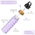 MUKOKO 24oz Glass Water Bottle with 2 Lids-Handle Flip Lid&Bamboo Straw Lid,Motivational Water Tumbler with Time Marker Reminder and Silicone Sleeve, Leakproof-Purple