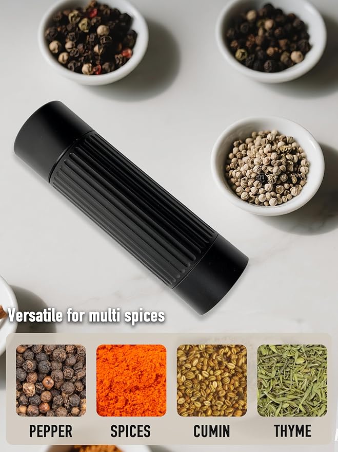 Pepper Grinder Mill, Professional Grade Manual Pepper Grinder, High Output Heavy Duty Pepper Mill Grinder, Refillable, Aluminum Matte Black, Stainless Steel Burrs, Adjustable Coarseness Grind Settings