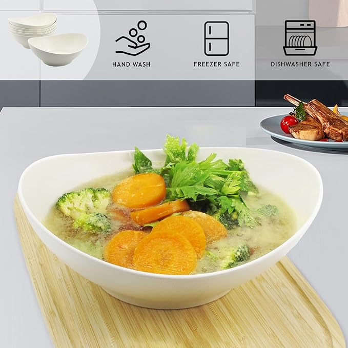 JOYMAY Oval Salad Bowls Set, 34oz Serving Bowls for Kitchen 8.8" Large Bowls for Soup, Oatmeal, Pasta, Snacks, Deep Soup Bowls Set for Salad, Fruit, Vegetable, Ramen, 6PC (White)