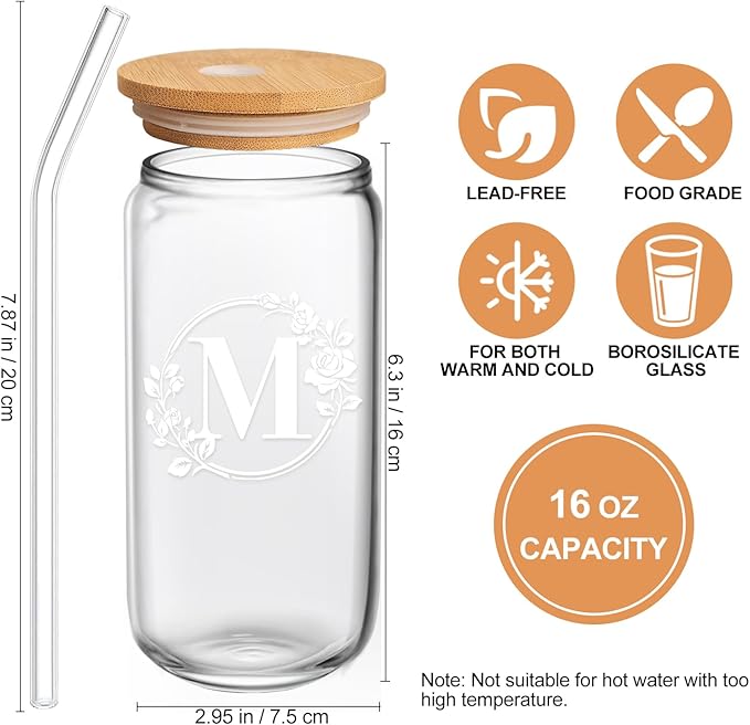 Birthday Gifts for Women, Monogrammed Initial Glass Cup Personalized Gifts for Women, 16oz Glass Cups with Lids and Straws, Iced Coffee Cup, Beer Can Shaped Glass - Gifts for Christmas, Birthday, M