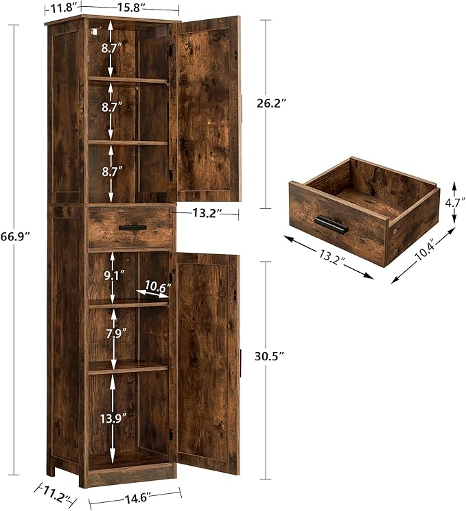 WEENFON Tall Storage Cabinet, Bathroom Cabinet with 6 Shelves & Drawer, Narrow Storage Cabinet with Adjustable Shelves, Tall Cabinet for Living Room, Home Office, Rustic Brown