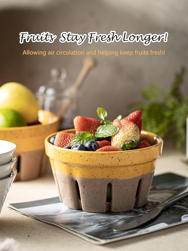 Gomakren Fruit Bowl with Holes, Ceramic Berry Basket Set of 2, 5.8 Inch Round Fruit Storage Containers, Strawberry Baskets, Farmhouse Kitchen Decor, Yellow + Brown