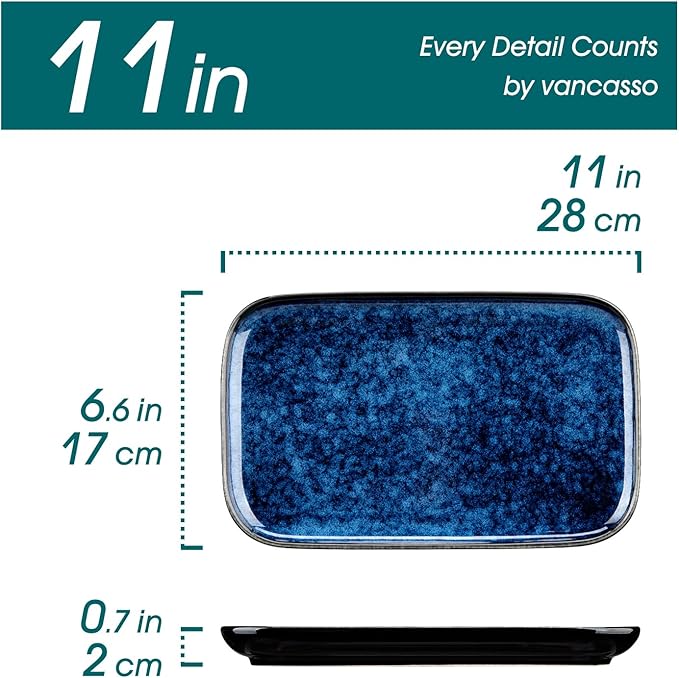 vancasso Stern Serving Platters Set of 4, 11 Inches Rectangular Ceramic Serving Plates, Blue Serving Trays for Entertaining