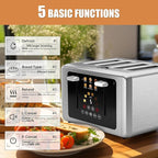 4 Slice Toaster, Touchscreen & Dual Independent Control Panel，5 Basic Functions & Digital Countdown Toasters, 6 Shade Settings＆6 Bread Types, Smart Bread Maker Mute/Screen-Off,White