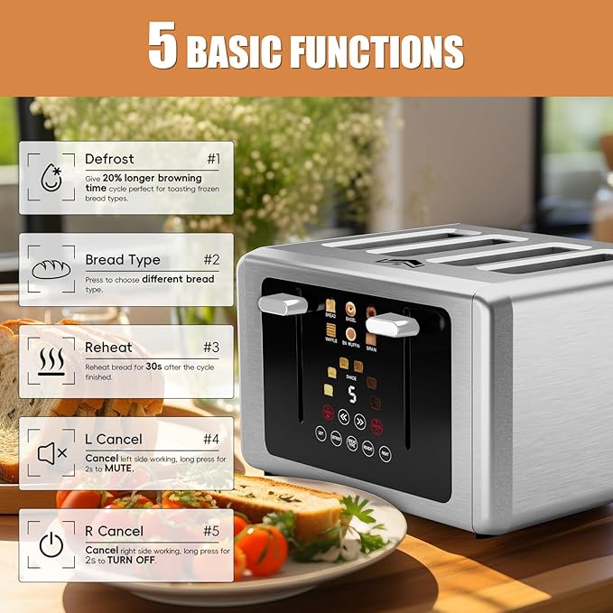 4 Slice Toaster, Touchscreen & Dual Independent Control Panel，5 Basic Functions & Digital Countdown Toasters, 6 Shade Settings＆6 Bread Types, Smart Bread Maker Mute/Screen-Off,White