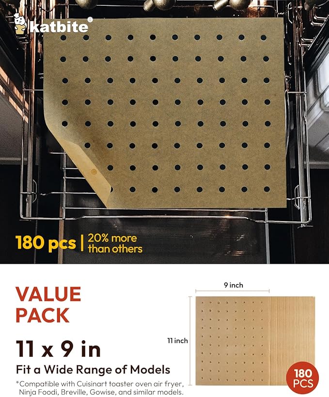 Katbite Air Fryer Parchment Paper Liners 180cs Airfryer Liners Disposable 9x11 Inch Perforated Parchment Paper Sheets Basket Liner Accessories For Toaster oven,Air Fryer, Fit Cuisinart, Ninja Foodi