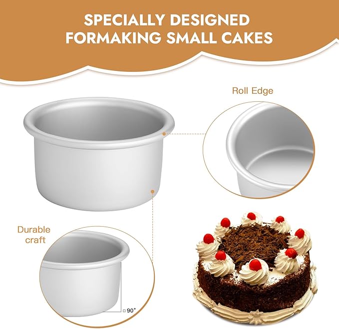 CURTA 4 Inch Round Cake Pan, 4x2 inch 6 Set Anodized Aluminum Round Baking Pan, Small Cake Pan Non-Toxic & Heavy Duty, Deep Side, Easy Clean & Dishwasher Safe