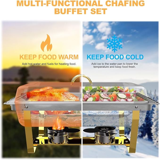 Chafing Dishes for Buffet 4 Pack,Festa Essential 8QT Elegant Gold&Silver Stainless Steel Rectangular Catering Chafers Food Warmer with Full,Half,1/3 Food Pan,Fuel Holder,Foldable Frame For Any Party