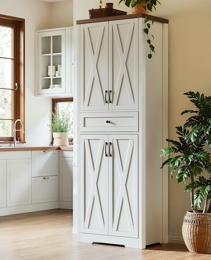 68'' Farmhouse Kitchen Pantry Cabinet with Adjustable Shelves, Tall Storage Cabinet with Barn Doors, Freestanding Versatile Cupboard for Dining Room, White+Walnut