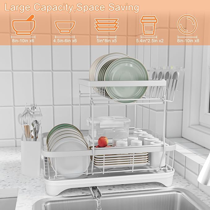 Dish Drying Rack - Auto Draining Dish Rack for Kitchen Counter, Large Capacity Dish Drainers Organizer with Drainboard, 2-Tier Drying Rack with Utensil Holder White