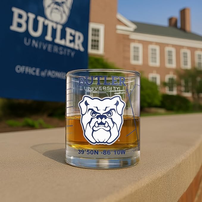 Greenline Goods – University of Butler Bulldogs College Whiskey Glasses (Set of 2), 10 oz – Full-Color Logo + Campus Map