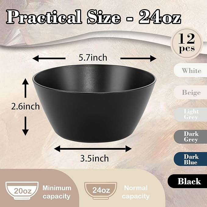 supernal 12PCS Black Wheat Straw Bowls - Unbreakable Reusable Plastic Soup & Cereal Straws Bowls,Fridge and Dishwasher Safe Stackable,Lightweight Black Disposable Bowl for Ramen,Salads and Catering