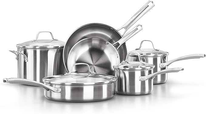 Calphalon Classic Stainless Steel Cookware Set, 10-Piece, Impact-Bonded Aluminum Base, Stay-Cool Handles