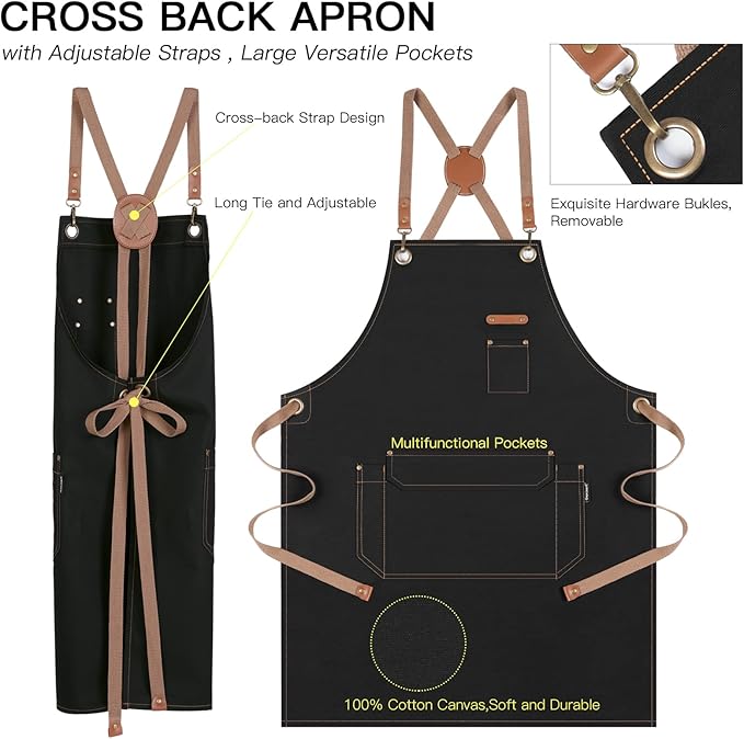 Genixart Chef Apron for Men Women with Gift Box Pack, Cross Back Apron with Pockets for Kitchen Cooking Baking Artist Painting, Cotton Canvas Work Aprons for Shop, Garden, Restaurant, Cafe (Black)