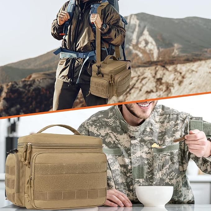 opux Tactical Lunch Box for Men, Tan Mens Insulated Lunch Bag for Adult, Leakproof Soft Lunch Cooler with MOLLE Mesh Side Pockets, Multicam Heavy Duty Lunchbox Pail for Work Women, Large, 18 Cans