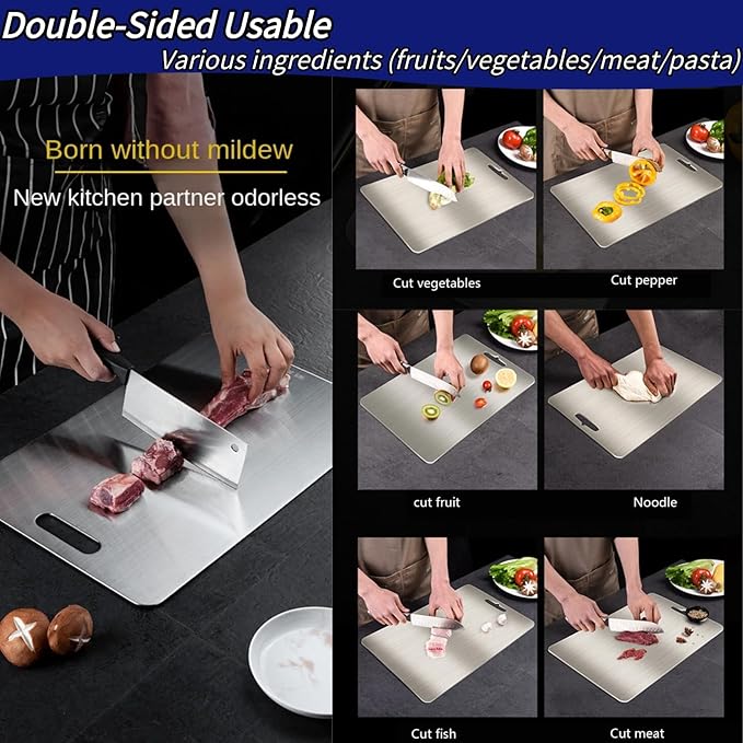 Titanium Cutting Boards for Kitchen - Dual-Sided Stainless Steel Cutting Board Hangable Design, Easy to Clean, Durable and Rust-Resistant for Meat, Vegetables & Fruits