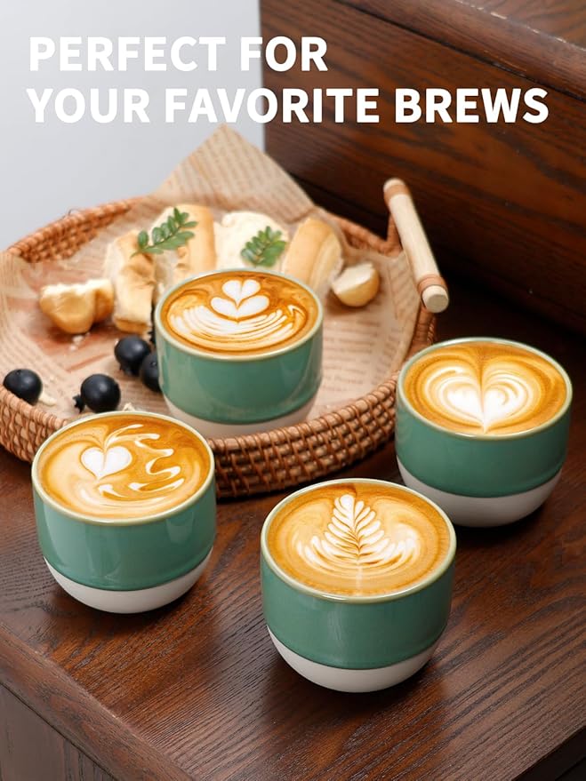 4oz Espresso Cups Set of 4, Green Ceramic Demitasse Coffee Cups for Espresso, Latte, Cappuccino – Two-Tone Stackable Small Mugs for Home, Cafe, Restaurant – Dishwasher & Microwave Safe
