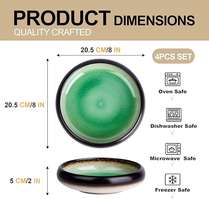 Ceramic Dinner Plates Set of 4, 8 Inch Large Porcelain Pasta and Salad Plates, Stoneware Plate Set for 4, Handmade Round Dishes for Home Decor, Microwave,Oven,and Dishwasher Safe, Green