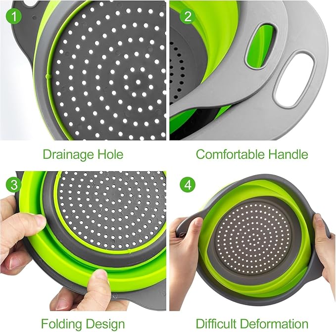 Collapsible Colander Set of 3 Round Silicone Kitchen Strainer Set 1 pcs 7 Quart, 1 pcs 4 Quart,1 pcs 2 Quart Perfect for Draining Pasta, Vegetable and fruit for Kitchen and Travel Use (Round)