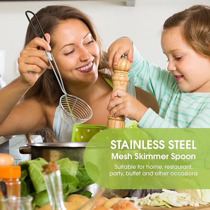 Geiserailie 12 Pieces 6 Pieces Hot Pot Kit Strainer Scoops Stainless Steel 2.5 Inch Mini Spider Strainer Skimmer Pasta Mesh Spoon Asian Skimmer Spoon Ladle with Handle for Home (Black)